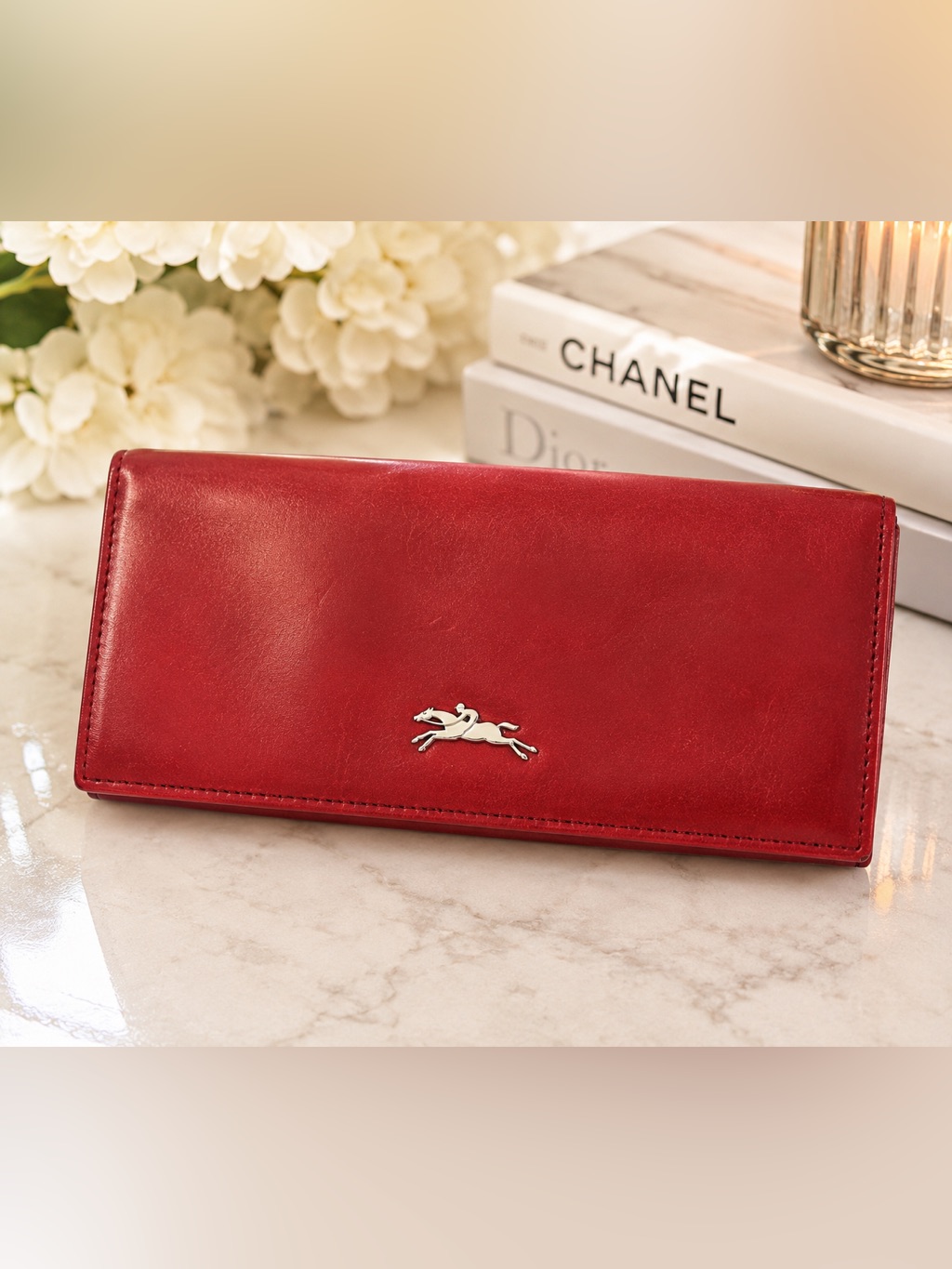 Longchamp Red Leather Continental Wallet With Silver Horse Logo